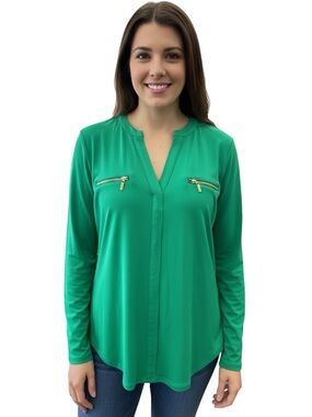 INC International Concepts Emerald Green Long Sleeve Top with Gold Zips Size M